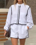 Fongt Summer Women's Round Collar Solid Color Long Sleeve Sticker Lace Shorts Two-Piece