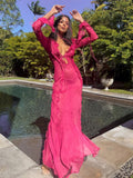 Through Women's Summer Mesh Dress for Beach V Neck Long Sleeve Transparent Maxi Dresses for Women Beachwear Pink