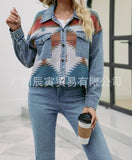 The Ins New 2023 Ladies Early Spring Geometric Woolen Denim Stitching Button Lapel Short Coat-Outfit