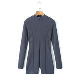 Spring Style Knitted Slim Zipper Long-Sleeved Solid Color Jumpsuit-Outfit