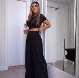 Fongt Summer Women's Round Neck Solid Color Sexy Wide Leg Pants Fashion Casual Suit Woman