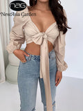 Lantern Sleeve Crop Top Lace up Long Sleeve Top V Neck Bodycon Ruched Slim Fit Whtie Blouse Spring Sexy Womens Top