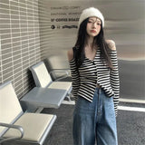 Fongt New Striped V-Necked Long-Sleeved Knitted Cardigan Female Red Ins Wind Short