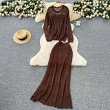 Fongt Wind High-End Sleek Crochet Knitting Set Of Women's Round Collar Long Sleeve Blouse High-Waisted Hip Skirt