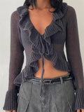 Women Solid Color Cropped Cardigan Long Sleeve V Neck Front Tie-up Knitted Jumpers Tops Ruffle Sweaters Clubwear 2024-Outfit