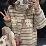 Kawaii Striped Sweaters Mujer Spring Stand Collar Dog Print Cardigans Y2k Grunge Long Sleeve Zipper Knitted Tops-Outfit