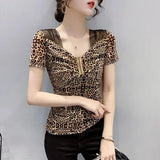 Folds Diamonds T-shirt Casual Gauze Spliced Female Clothing Sequined Slim Sexy V-Neck Summer Letter Printed Pullovers-Outfit