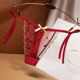 Transparent Embroidery Mesh Thong Bandage Bow Strap Women Fashion Underwear Panties Briefs Hot Gilr Love G-String