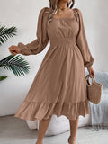 Spring And Summer Leisure Solid Color Collar Long Sleeves To Close The Waist Lotus Leaf Side A Dress Women's