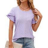 2024 New Round Collar Solid Color Petals Short-Sleeved Casual T-Shirt-Outfit
