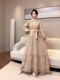 Fongt Retro Elegant Lace Splicing Strap To The Waist Lantern Sleeve Dress Female Thin Temperament Court Style Dress