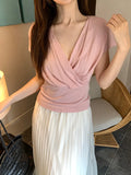 Fongt Xixi 2025 Summer New Korean Version Of Elegant Temperament V Collar Cross Thin Silk Shirt Women's Top 89376