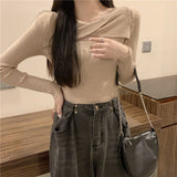Collarbone Leisure Hollow Long-Sleeved Knitted Shirt Women Autumn New Slimming Elastic Inside The Bottom Of The Blouse