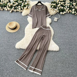 Fongt Version Of Retro Fashion Collar Collar Short-Sleeved Knitting Top + High-Waisted Casual Broad-Legged Trousers 2025 Summer Set