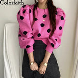 Y2K 2021 Women Autumn Winter Sweaters Knitted Vintage Fashionable Pullovers Elegant Puff Sleeve Dot Short Tops