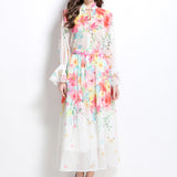 Fongt Senior Sense With Lantern Sleeve Print Chiffon Top Female High Waist Hanging Large Skirt Suit