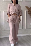 Fongt New Women's Solid Color Single-Button Long-Sleeved Shirt Two Sets Of Wide Leg Trousers With