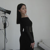Fongt Autumn Famous Style Temperament Sexy Body Shoulder Mesh Stitching Dress