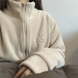 Embroidery Zip Up Fleece Jacket-Outfit