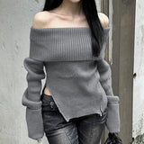 Desire Atmosphere Sense With Open-Shoulder Zipper Hem Pink Long-Sleeved Sweater New Fall 2023