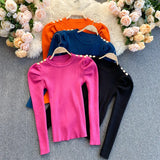 Puff Long Sleeve Knitted Sweater Pullovers Girls Solid Buttons O-neck Streetwear Winter Sweaters Tops Jumpers Women-Outfit