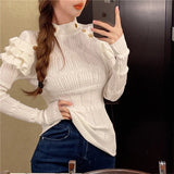 Sleeve Turtleneck Buttons Sweater Jumpers Girls Stretchy Chic Ruffles Autumn Spring Sweaters Pullovers Tops Women-Outfit
