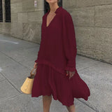 Ruffle Midi Dress Women's Summer Sundress ZANZEA Casual Puff Sleeve Patchwoek Vestidos Female V Neck
