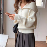 Fongt Lazy Wind Big Lapel Cardigan Zipper Jacket Women's Autumn And Winter New Wide Soft Waxy Sweater Top-Outfit