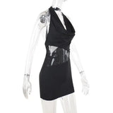 Black Halter Neck Patchwork Sequin Mesh Mini Dress-Outfit