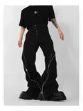 trendy brand men black zipper design slit slightly flared pants vertical feeling straight casual pants retro trousers-Outfit