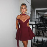 Burgundy Off-shoulder Plunge Backless Mini Dress-Outfit