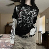 E-Gir Gothic Grpahics T-Shirt Vintage Gothic Printed Round Collar Loose Shirt Y2K-Outfit