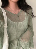 Oversized Long Sleeve Crochet Knit Top-Outfit