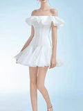 Lotus Leaf-Side Phong Dress Women's New Summer Summer New Fashion Temperament Sweet Wind Shoulder Solid Color Short