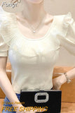 Fashion Temperament Round Neck Lace Ruffles Top Tee Summer Women 2023 Short Sleeve Solid Color Slim Pullovers