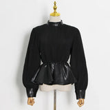 TWOTWINSTYLE Black Pu Leather Blouse Ruffle High Waist Patchwork Knitted Lantern Sleeves Streetwear Blouses 2021 Fashion