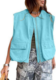 Fongt New Sleeveless Pocket Loose Vest Zipper Coat Woman