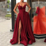 Women's Evening Wedding Party Dress Solid Elegant Side Slit A-Line Satin Sleeveless Straps Banquet Maxi Long Dress