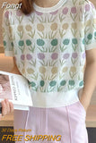Summer Flower Ice Silk Short Sleeve Sweater Women Thin O Neck Top Knitted Pullover Female Korean Fashion Clothes Pull