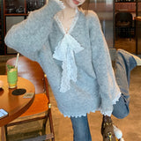 Fongt Type Advanced Feeling Catch Spell Lace Bow False Two Knit Sweater Female Autumn Dong New Style Languid Lazy Wind Bottom Sweater-Outfit