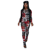 Fongt Women's Autumn And Winter Mechanical Pattern Printing Round-Neck Perspective Mesh Sexy Long-Sleeved