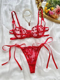 Heart-Shaped Embroidery Mesh Tie Up Lingerie Set-Outfit