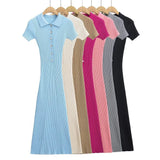 Fashion Women's Wear Pure Style Lapel Short-Sleeved Fishtail Dress Skirt Waist Slim Hip Knit Long Skirt-Outfit