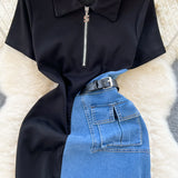 Fongt Port Style Retro Denim Dress Girl Design Bump Color Splicing In The Long Short-Sleeved Temperamental Dress