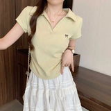 Embroidered Bow Polo Collar Short Sleeve Tee-Outfit