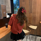 Fongt New Year Red Sweater Female 2024 New Korean Version Loose Sweet Bow Knot Pin Button Round Collar Top-Outfit