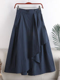 Slim Long Skirt High Waist Casual Versatile Button Design Midi Skirt Elastic Waist LOOSE A-LINE Large Swing Black