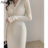 Women's Autumn and Winter Long Skirt Shows Thin and High Temperament Sexy Tight Hip Wrap Long Sleeve Knitted Dress White