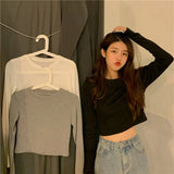 Fongt Long Sleeve White Bottom Shirt Korean Version Short Crop T-Shirt Female 2023 Autumn Decoration Body Show Thin Jacket