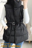 Jacket women 2023 Casual Stand Collar Loose Belt Sleeveless Vest Black Single Breasted Long Parka Overcoat